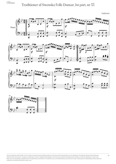Première page de la partition de Traditioner af Swenska Folk-Dansar, 1st part, nr 33