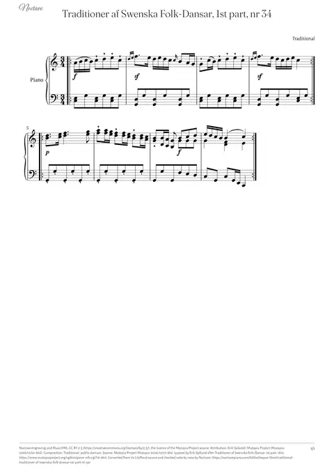 First page of the score of Traditioner af Swenska Folk-Dansar, 1st part, nr 34