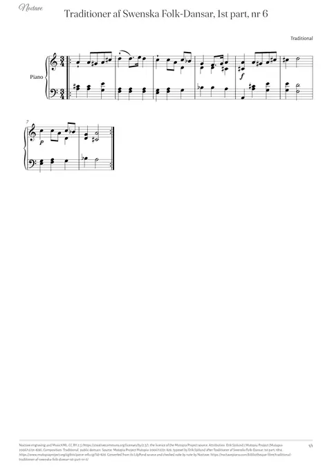 First page of the score of Traditioner af Swenska Folk-Dansar, 1st part, nr 6