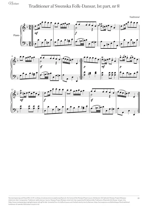 First page of the score of Traditioner af Swenska Folk-Dansar, 1st part, nr 8