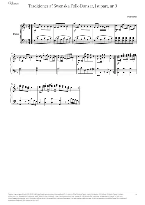 First page of the score of Traditioner af Swenska Folk-Dansar, 1st part, nr 9