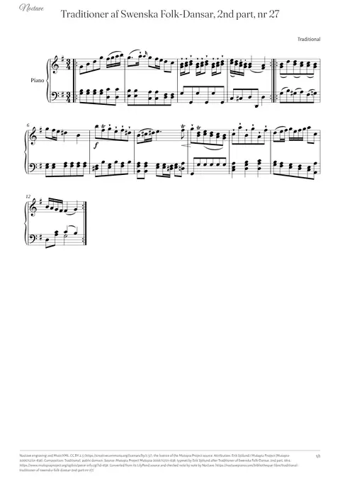 Première page de la partition de Traditioner af Swenska Folk-Dansar, 2nd part, nr 27