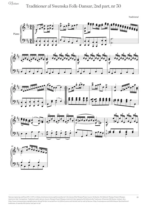First page of the score of Traditioner af Swenska Folk-Dansar, 2nd part, nr 30