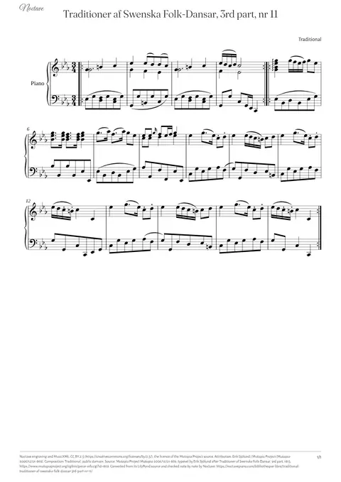 First page of the score of Traditioner af Swenska Folk-Dansar, 3rd part, nr 11
