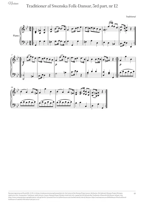 First page of the score of Traditioner af Swenska Folk-Dansar, 3rd part, nr 12