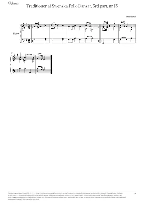First page of the score of Traditioner af Swenska Folk-Dansar, 3rd part, nr 13