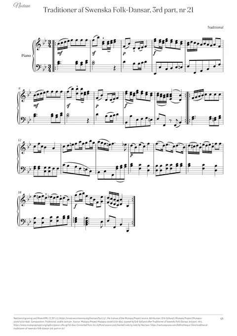 First page of the score of Traditioner af Swenska Folk-Dansar, 3rd part, nr 21