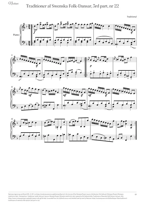 First page of the score of Traditioner af Swenska Folk-Dansar, 3rd part, nr 22