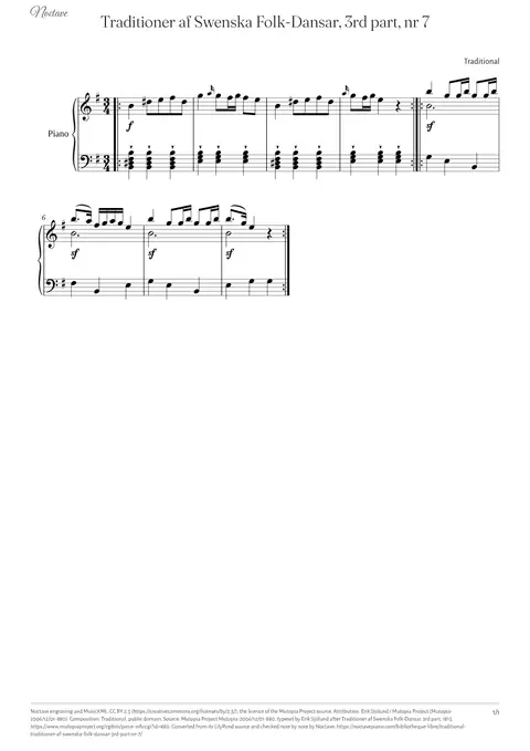 First page of the score of Traditioner af Swenska Folk-Dansar, 3rd part, nr 7