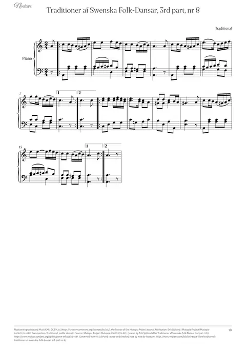 First page of the score of Traditioner af Swenska Folk-Dansar, 3rd part, nr 8