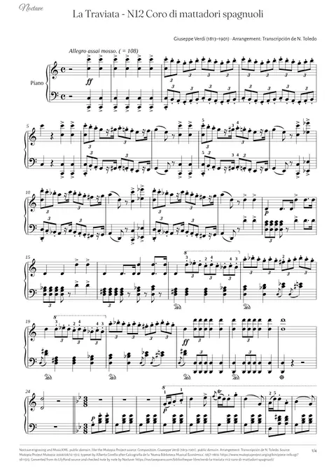 Première page de la partition de La Traviata - N12 Coro di mattadori spagnuoli