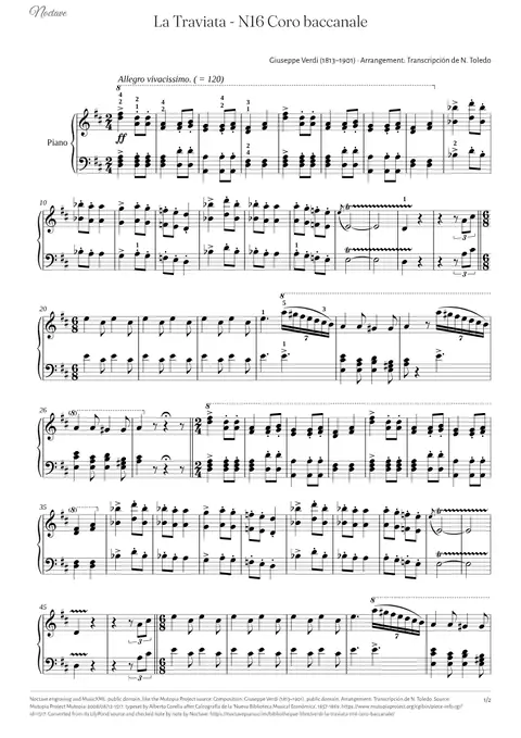 First page of the score of La Traviata - N16 Coro baccanale