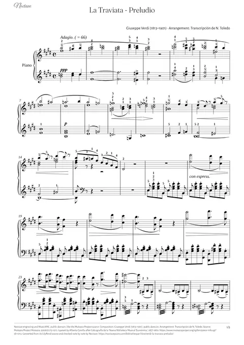 Première page de la partition de La Traviata - Preludio