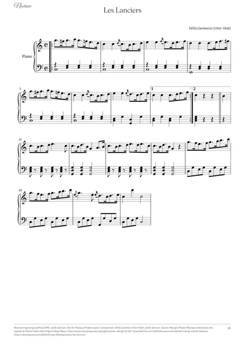 Première page de la partition de Les Lanciers