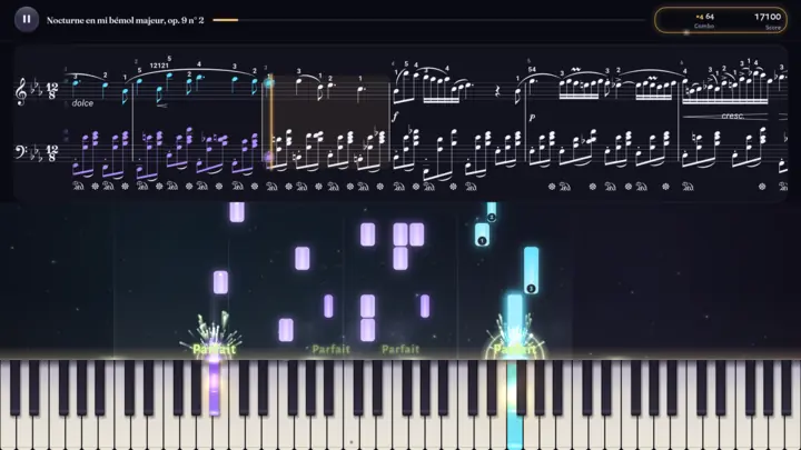 Une partie : les notes de lumière tombent vers le clavier, la partition défile au-dessus.