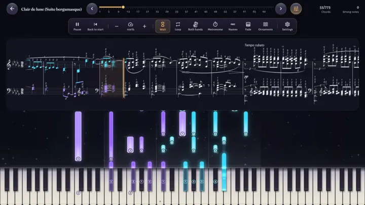 Learning: the synchronised score, wait mode and fingerings.