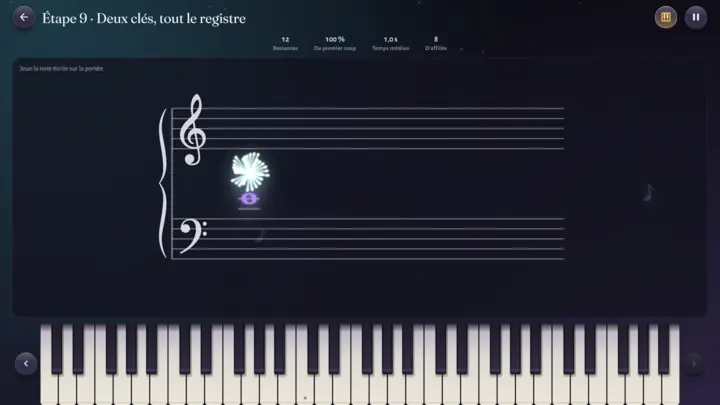 Lecture de notes : une note sur la portée, à jouer au clavier.