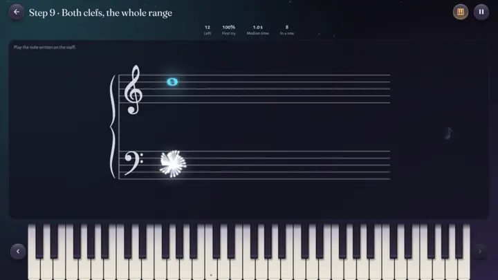 Note reading: one note on the staff, to play on the keyboard.