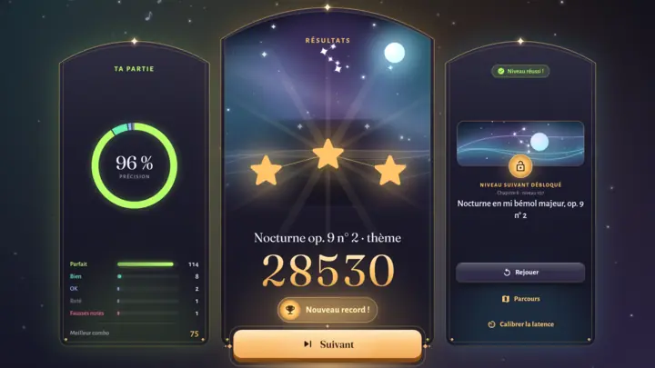 Les résultats : trois étoiles, la précision, un nouveau record et le niveau suivant débloqué.
