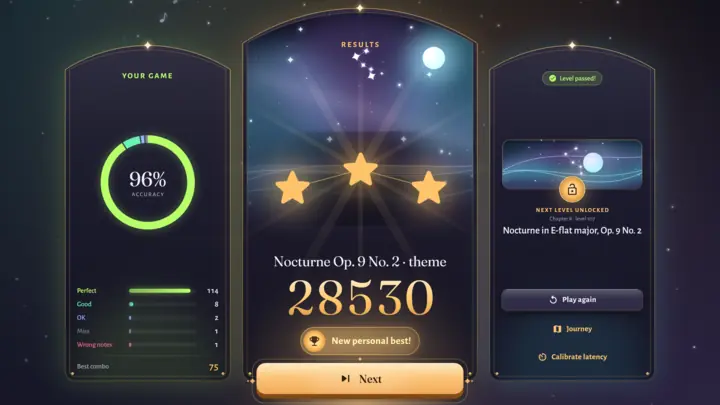 The results: three stars, accuracy, a new personal best and the next level unlocked.