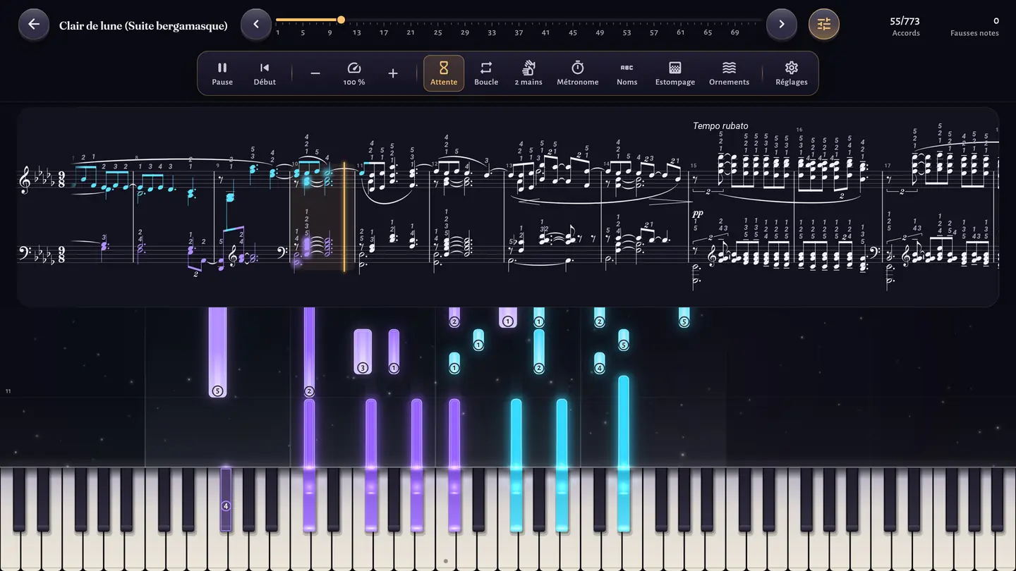 L'Apprentissage du Clair de lune de Debussy : la partition avec ses doigtés et le curseur sur la mesure en cours, les notes qui tombent au-dessous, et la barre d'outils avec l'estompage.