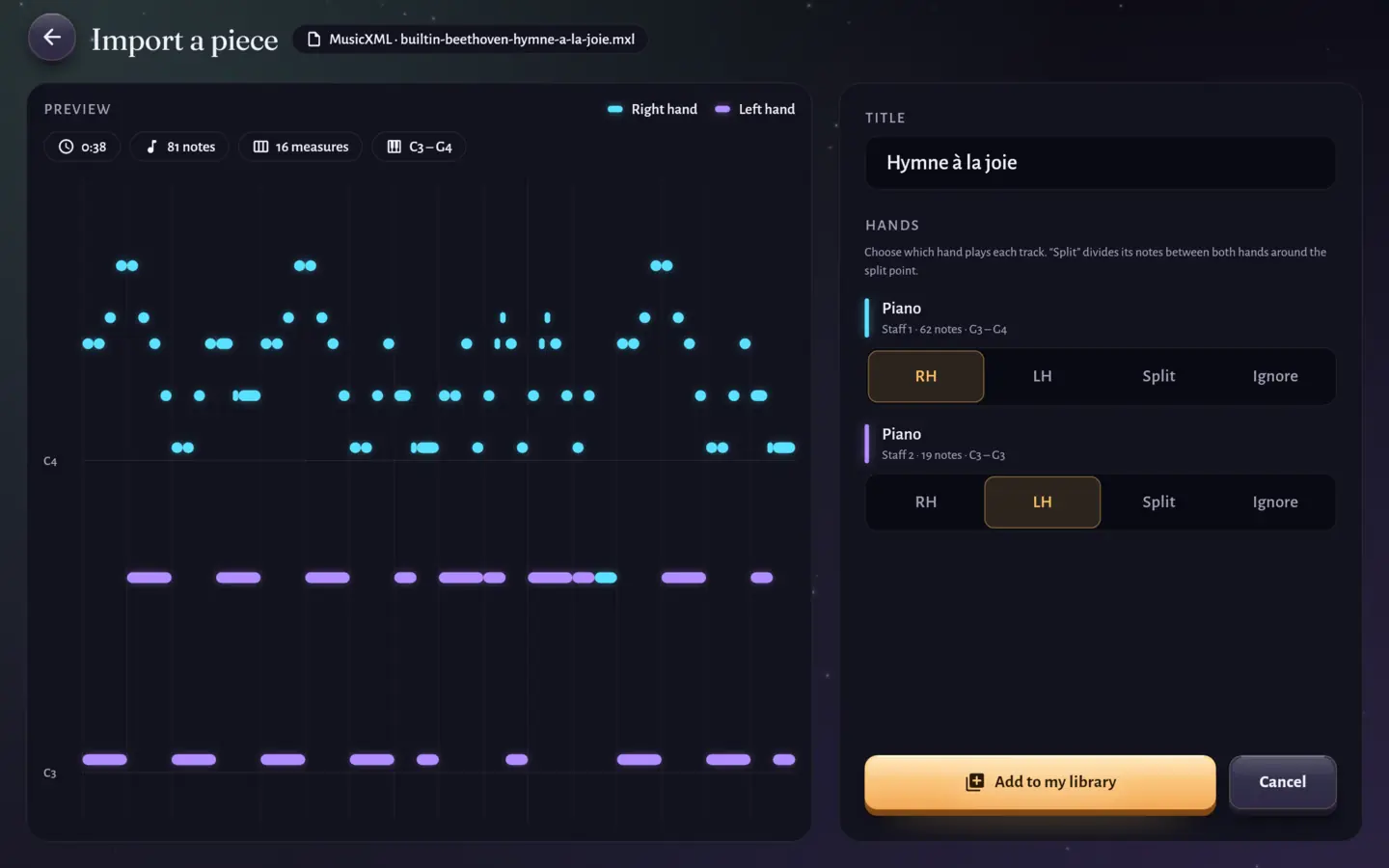 The import screen of the Ode to Joy: the preview of the whole piece colored by hand, the title field, and the hand chosen for each staff.