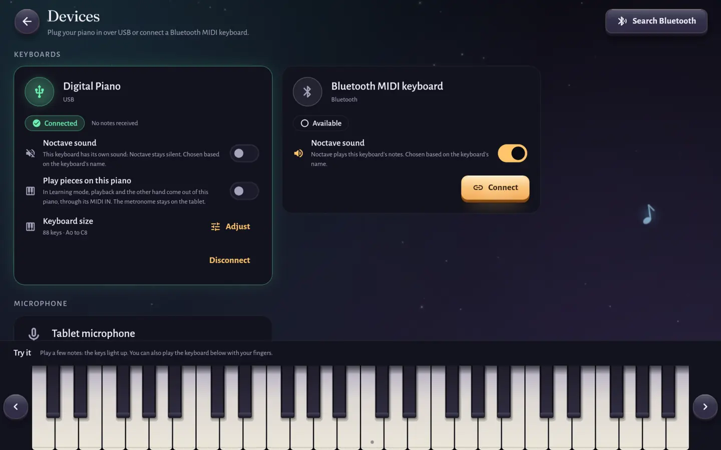 The Noctave Devices screen: a digital piano connected over USB, a Bluetooth MIDI keyboard available, the Noctave sound of each, the size of the piano, and the Try it card with the on-screen keyboard.