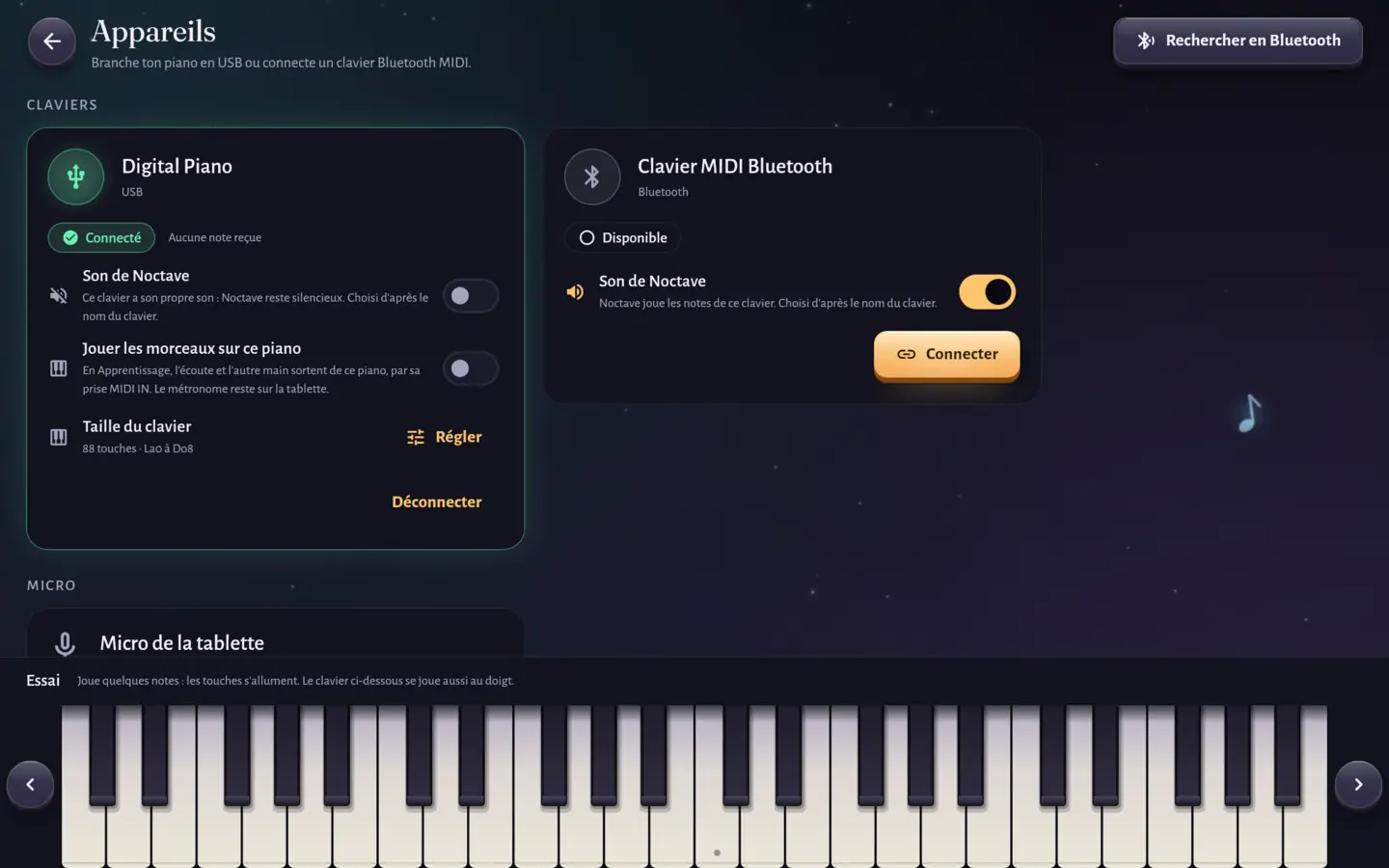 L'écran Appareils de Noctave : un piano numérique connecté en USB, un clavier MIDI Bluetooth disponible, le son de Noctave de chacun, la taille du piano, et la carte Essai avec le clavier à l'écran.