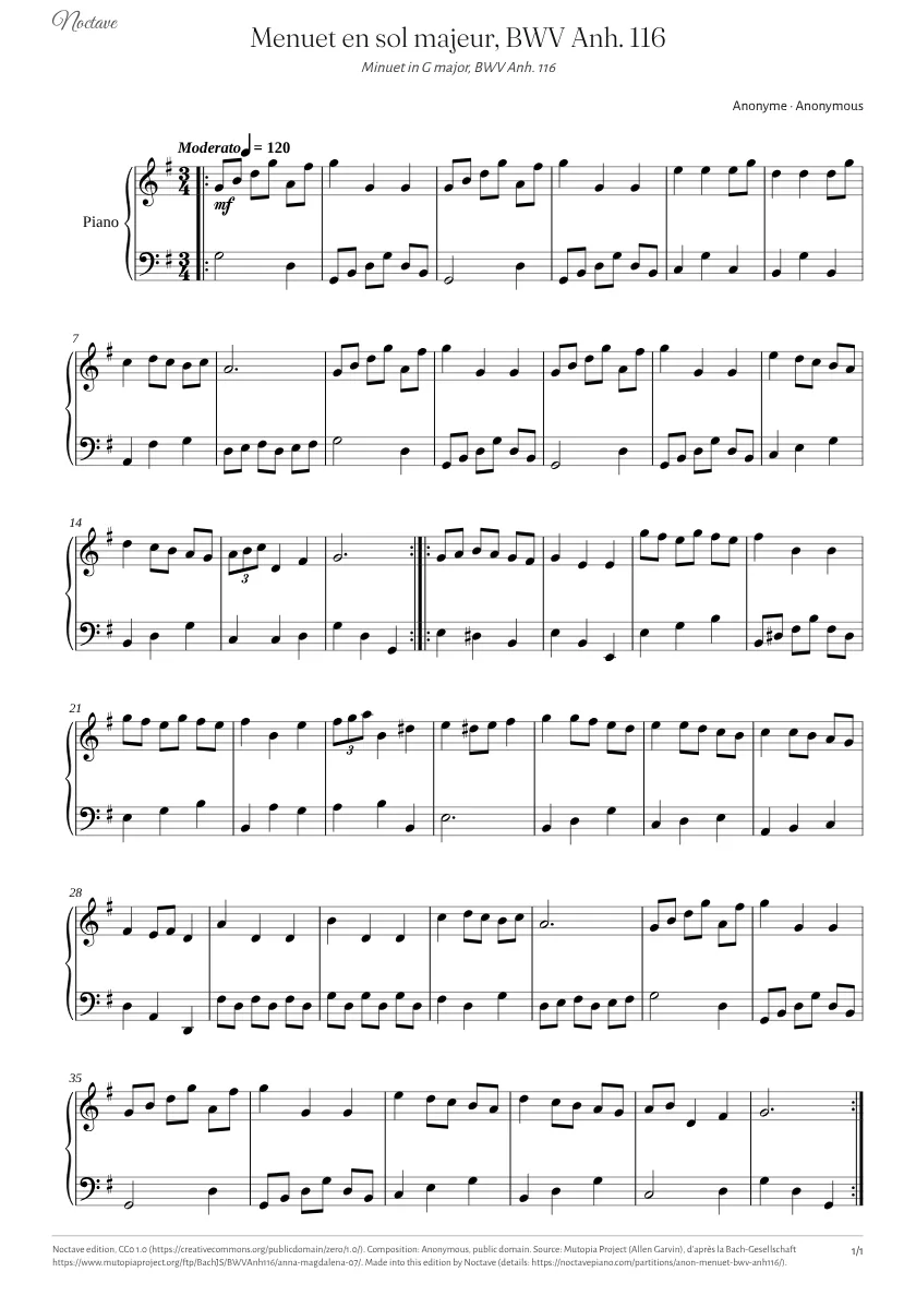Première page de la partition de Menuet en sol majeur, BWV Anh. 116