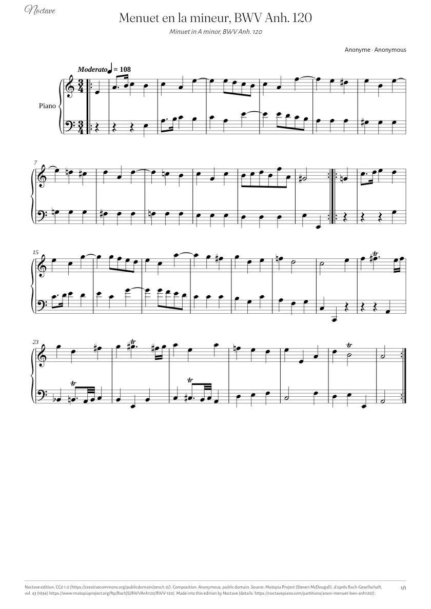 Première page de la partition de Menuet en la mineur, BWV Anh. 120