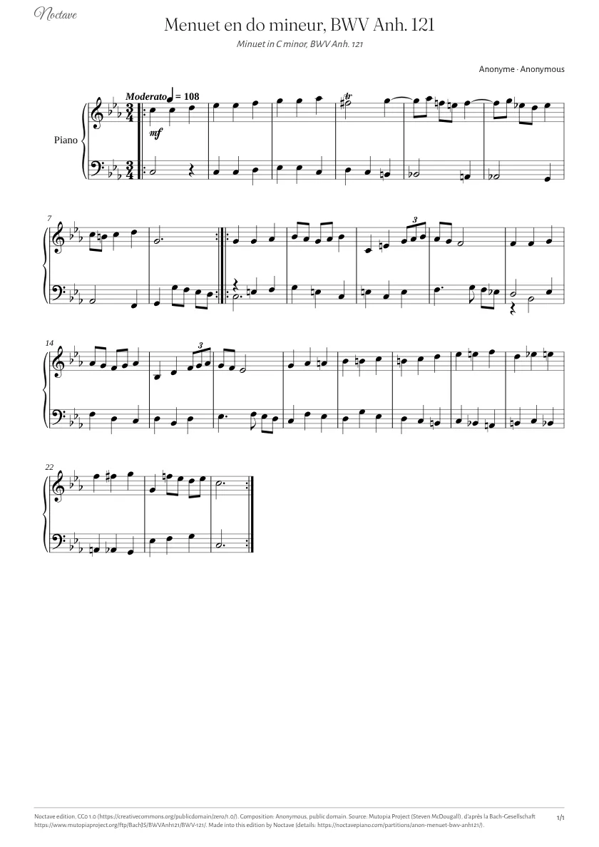 Première page de la partition de Menuet en do mineur, BWV Anh. 121