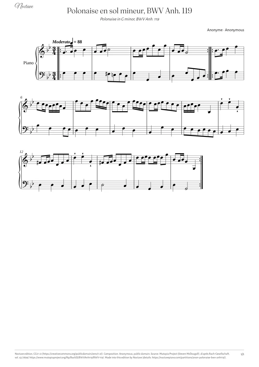 First page of the score of Polonaise in G minor, BWV Anh. 119