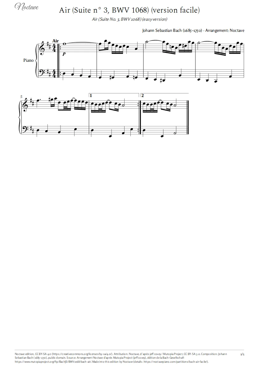 Première page de la partition de Air (Suite n° 3, BWV 1068) (version facile)