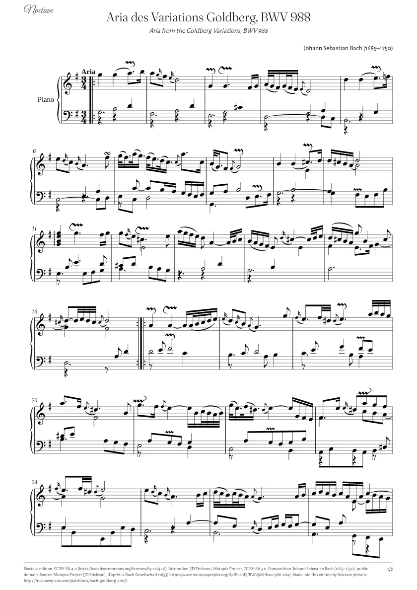Première page de la partition de Aria des Variations Goldberg, BWV 988