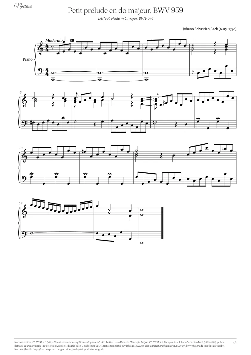 Première page de la partition de Petit prélude en do majeur, BWV 939