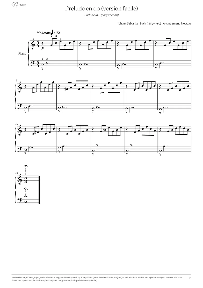 Première page de la partition de Prélude en do (version facile)
