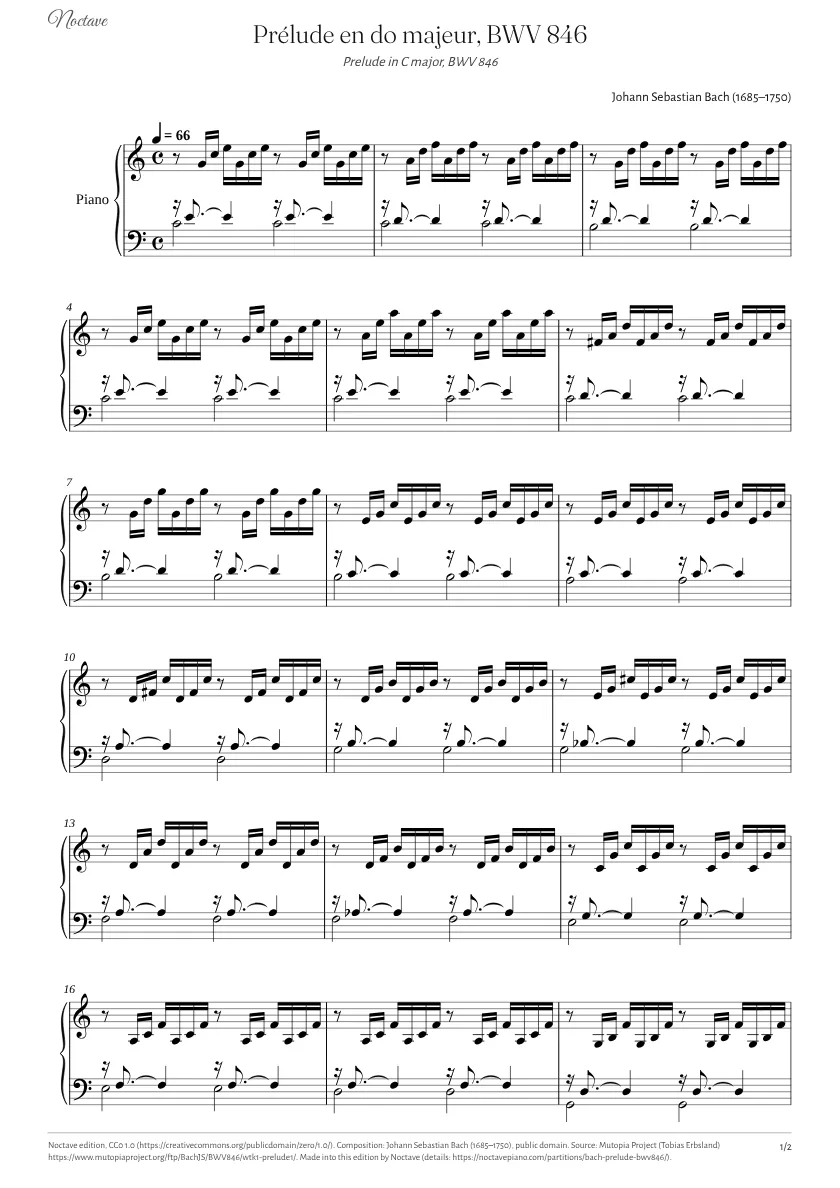 Première page de la partition de Prélude en do majeur, BWV 846