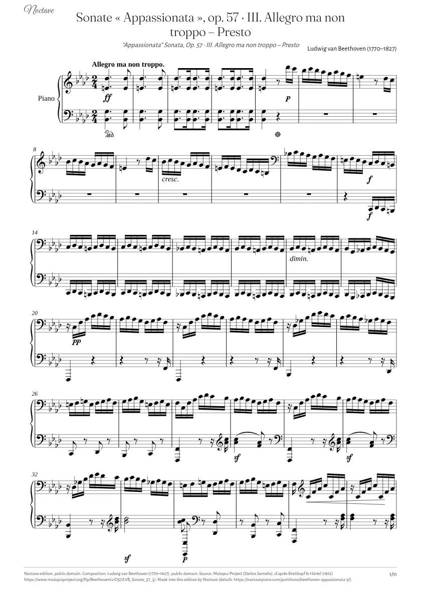 Première page de la partition de Sonate « Appassionata », op. 57 · III. Allegro ma non troppo – Presto