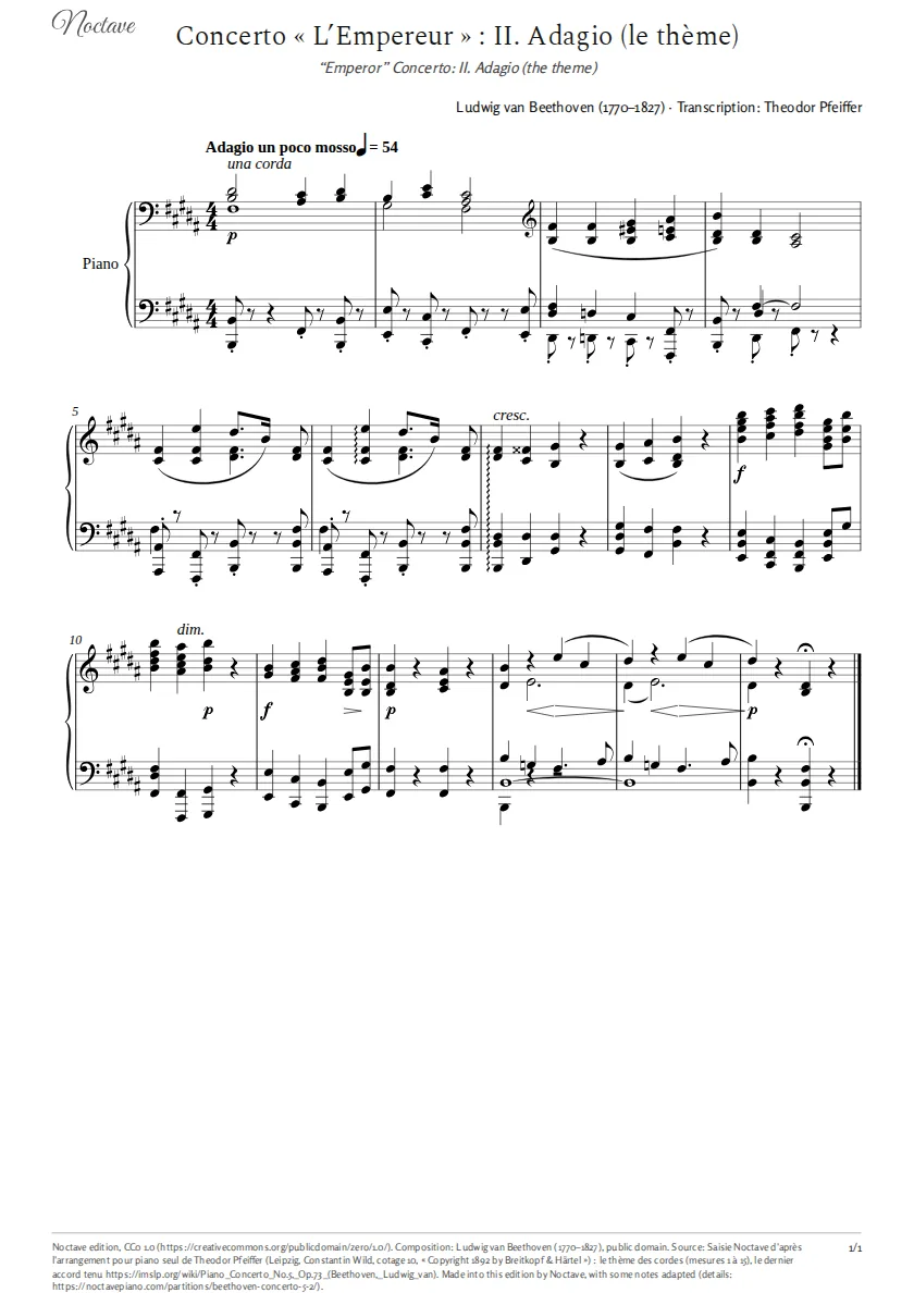 First page of the score of “Emperor” Concerto: II. Adagio (the theme)