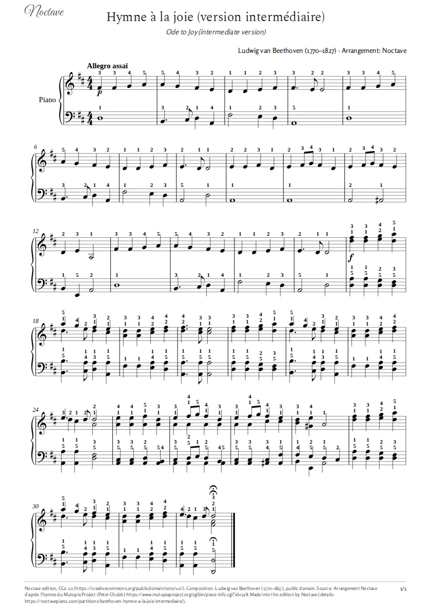 First page of the score of Ode to Joy (intermediate version)