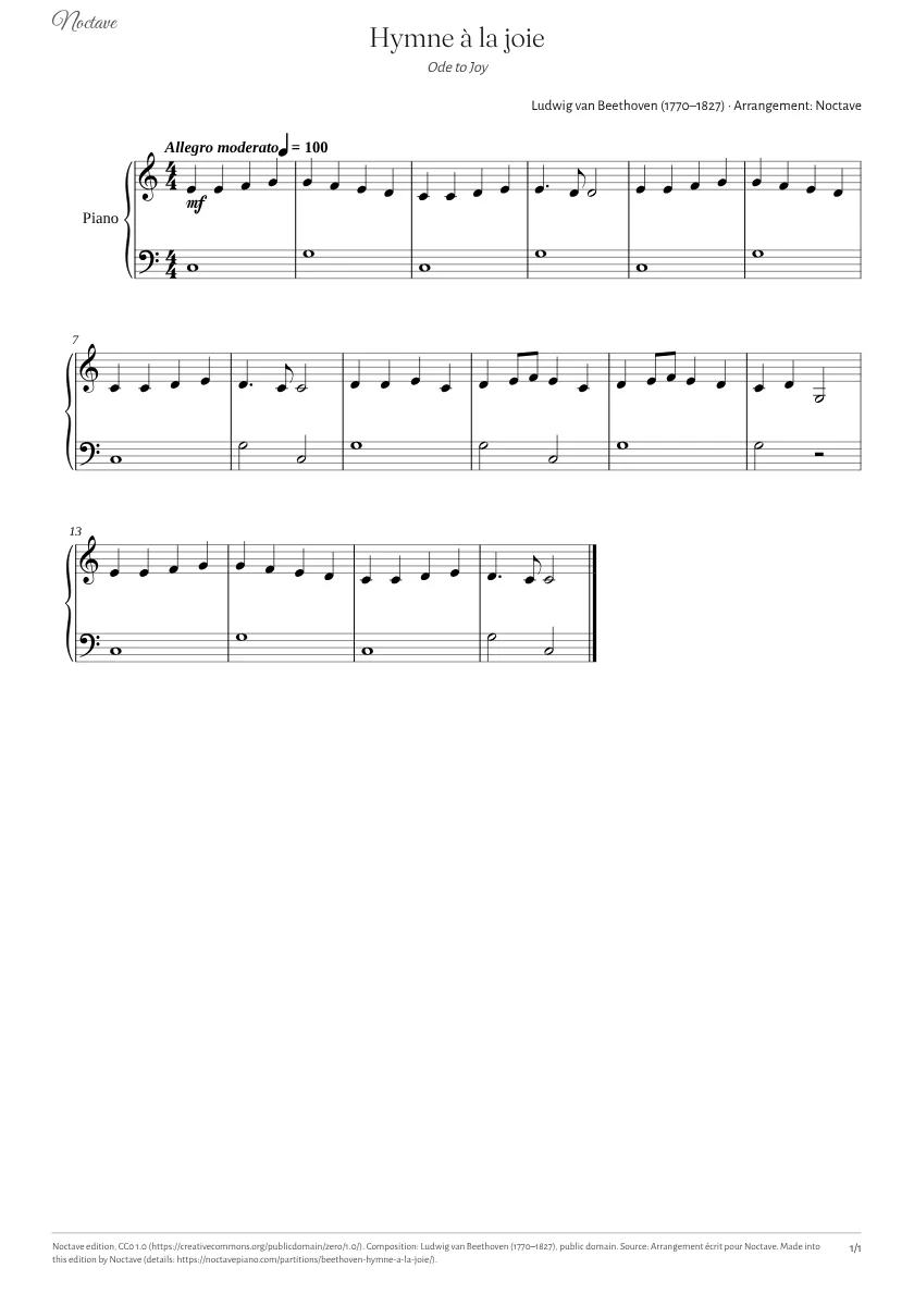 Première page de la partition de Hymne à la joie