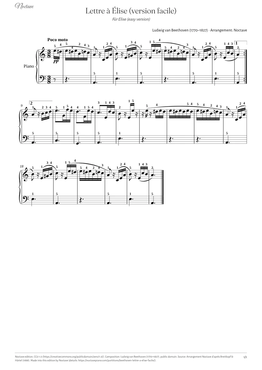 Première page de la partition de Lettre à Élise (version facile)