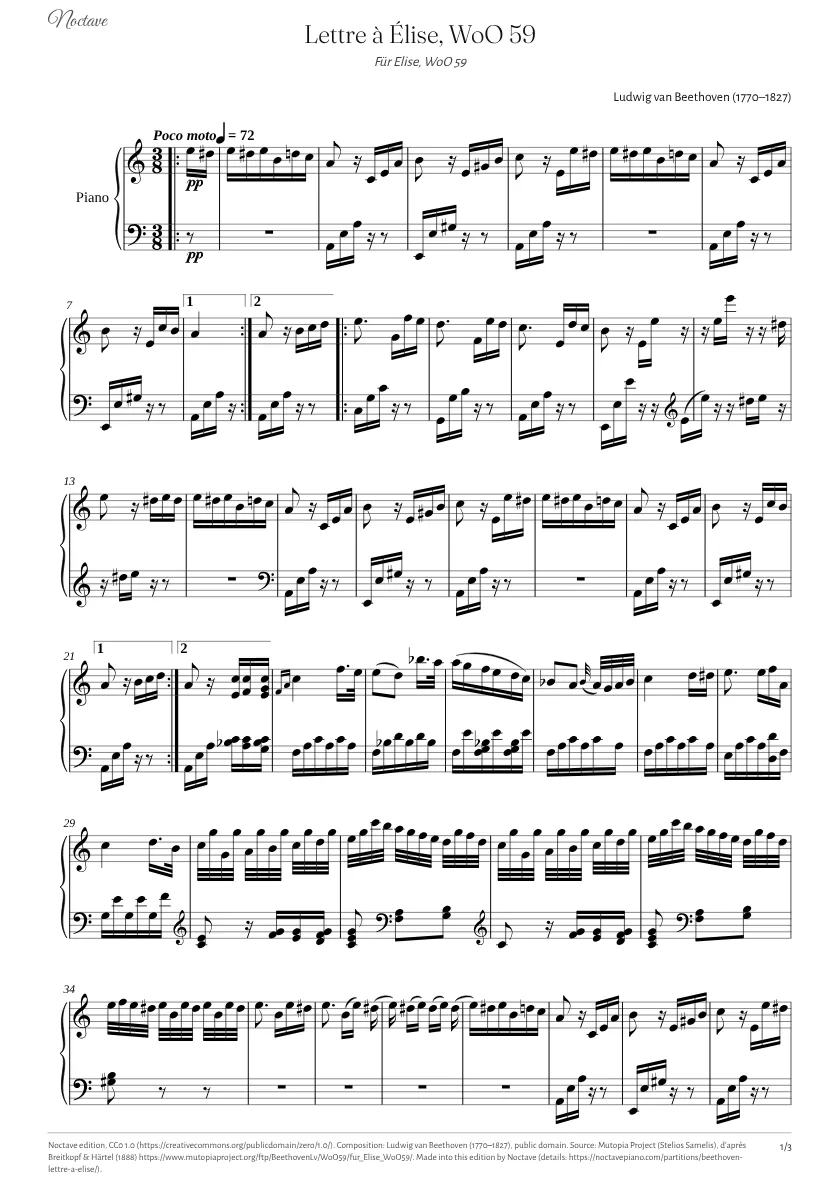 Première page de la partition de Lettre à Élise, WoO 59