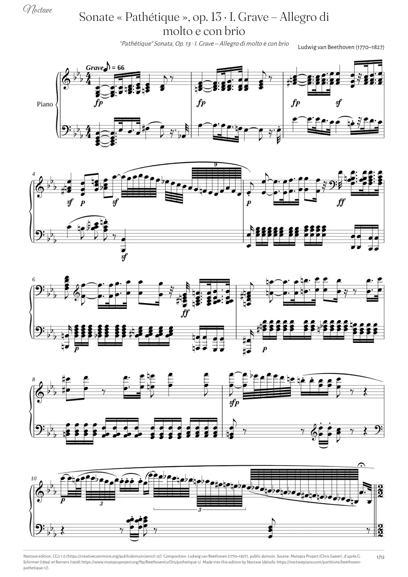 First page of the score of “Pathétique” Sonata, Op. 13 · I. Grave – Allegro di molto e con brio