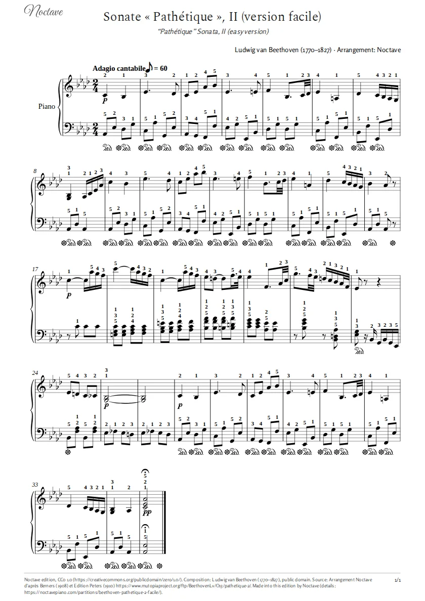 Première page de la partition de Sonate « Pathétique », II (version facile)