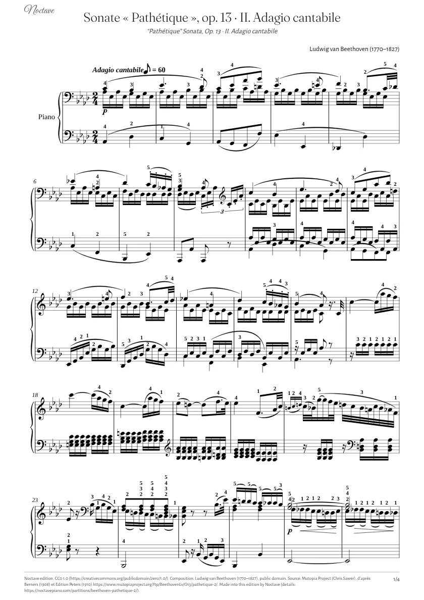 First page of the score of “Pathétique” Sonata, Op. 13 · II. Adagio cantabile