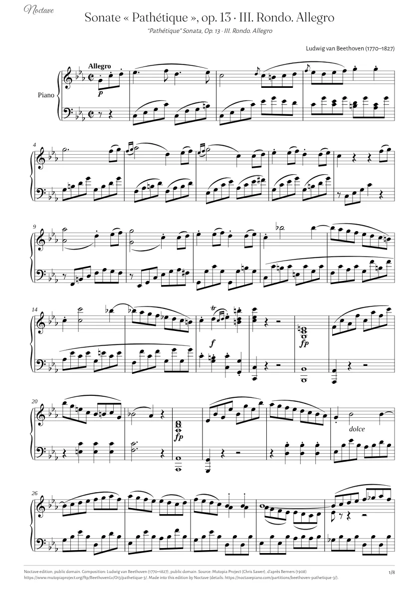 Première page de la partition de Sonate « Pathétique », op. 13 · III. Rondo. Allegro