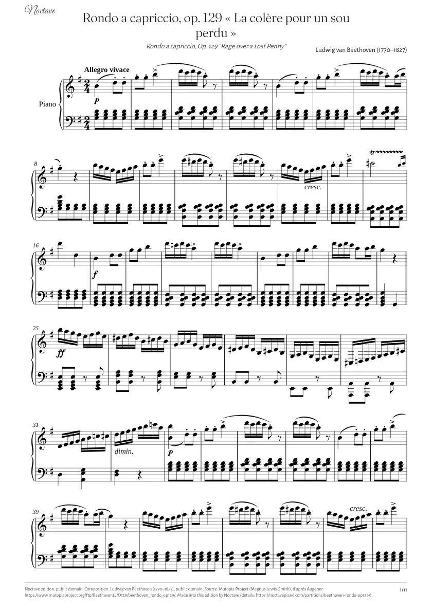 Première page de la partition de Rondo a capriccio, op. 129 « La colère pour un sou perdu »