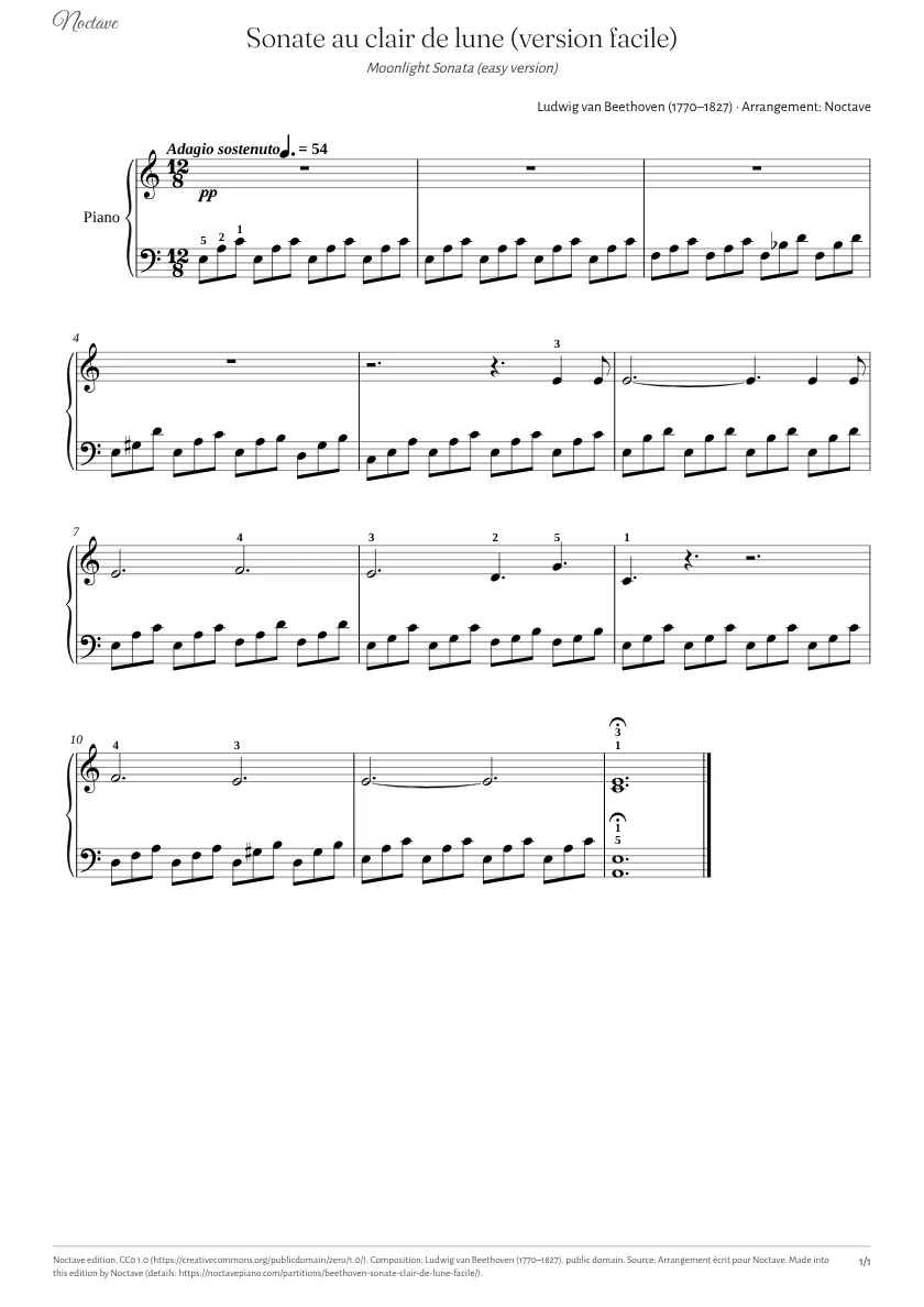 First page of the score of Moonlight Sonata (easy version)