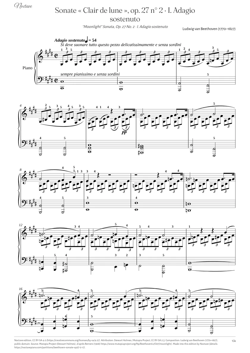 Première page de la partition de Sonate « Clair de lune », op. 27 n° 2 · I. Adagio sostenuto